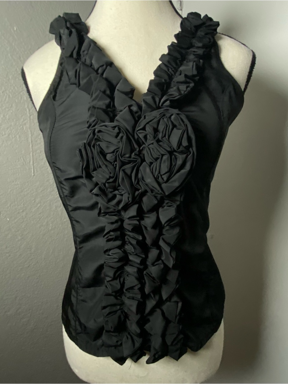 Y2K EURO Black Gathered Taffeta & Red Satib Corset Tie Top Size P Small